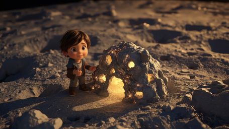 Embark on a magical lunar adventure with this warm and dreamy cinematic photograph, reminiscent of Pixar's whimsical style. A