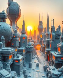A captivating sculptural clay artwork portrays a futuristic city experiencing a glitch in time, bathed in the warm glow of go