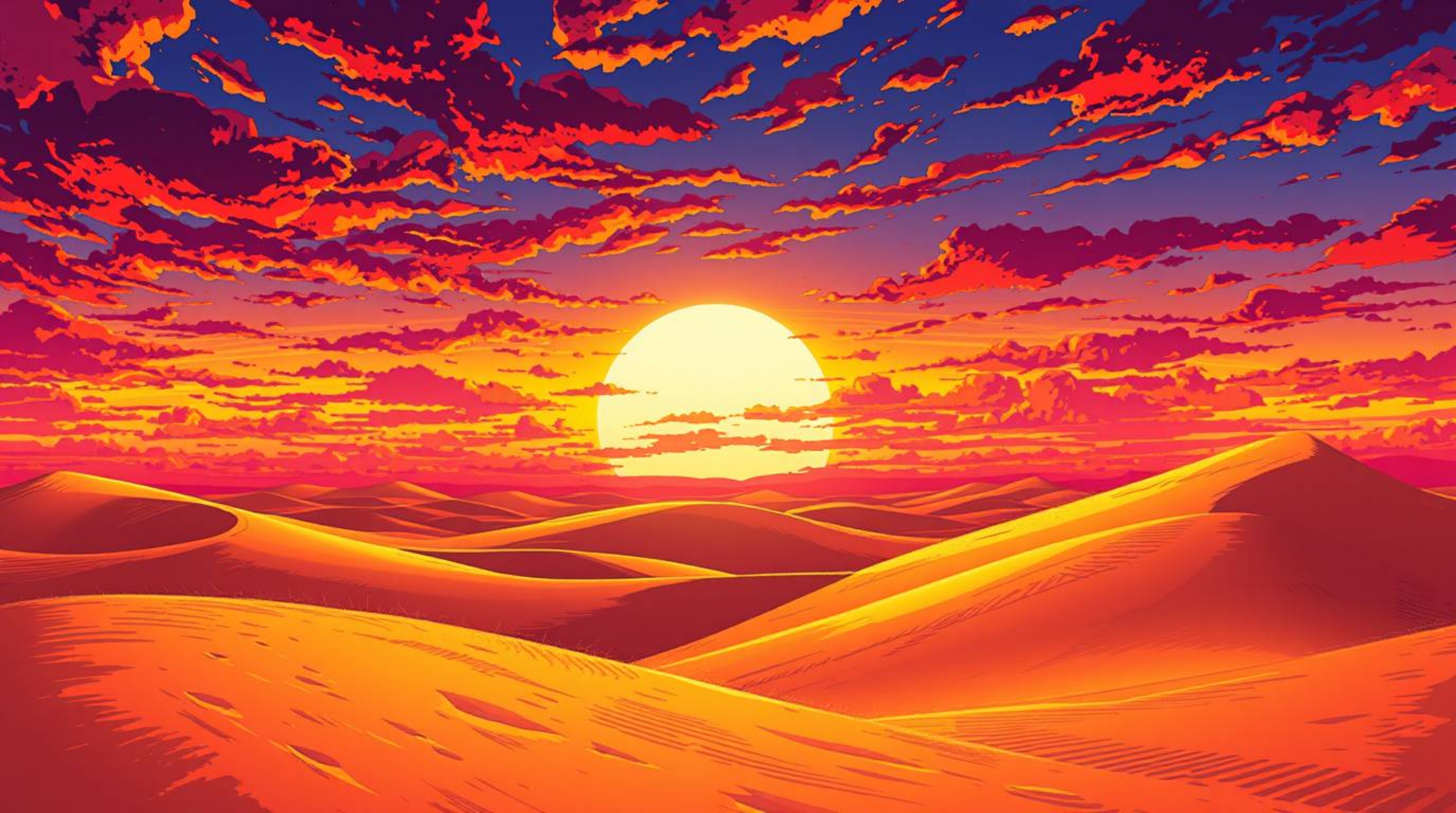 Experience a captivating isekai anime-style illustration featuring a vibrant sunset painting the golden desert dunes. The art