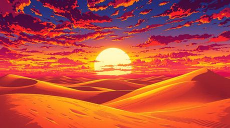 Experience a captivating isekai anime-style illustration featuring a vibrant sunset painting the golden desert dunes. The art