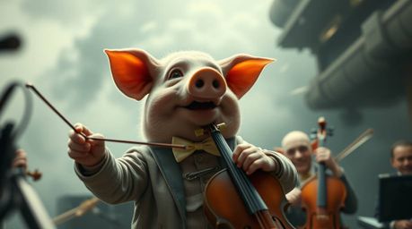 Experience a dreamlike and surreal scene featuring a pig character dynamically conducting a fantastical orchestra. This bizar
