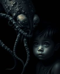 A captivating image depicts a striking friendship between a sinuous sea creature and a wide-eyed child. Rendered entirely in