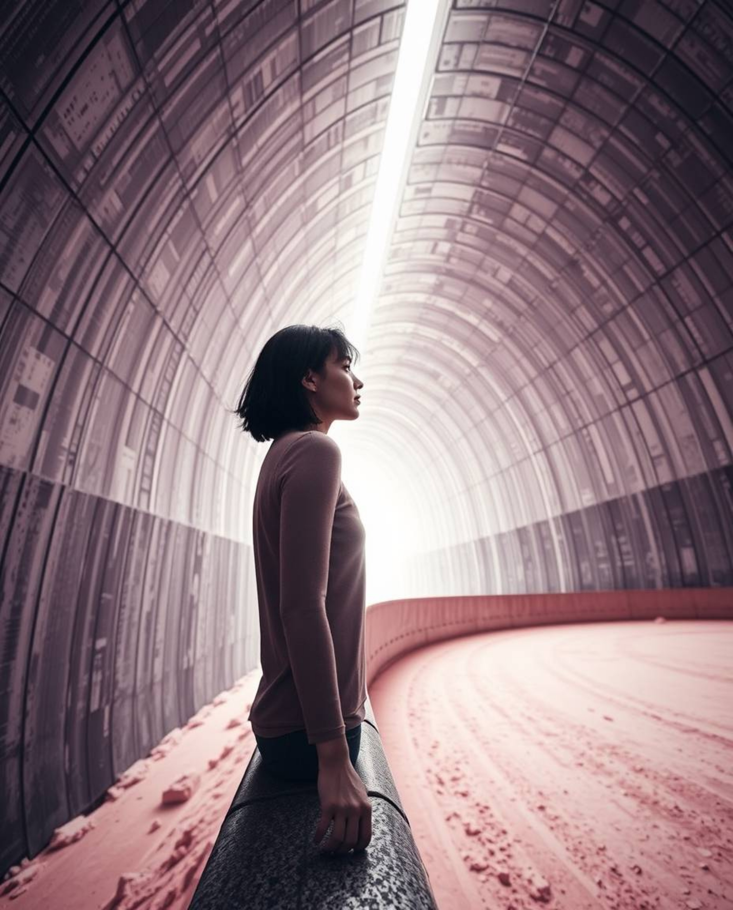 A captivating surreal infrared architectural photograph depicts a person with olive skin and dark hair standing at the edge o