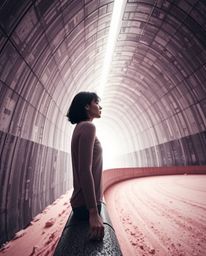 A captivating surreal infrared architectural photograph depicts a person with olive skin and dark hair standing at the edge o