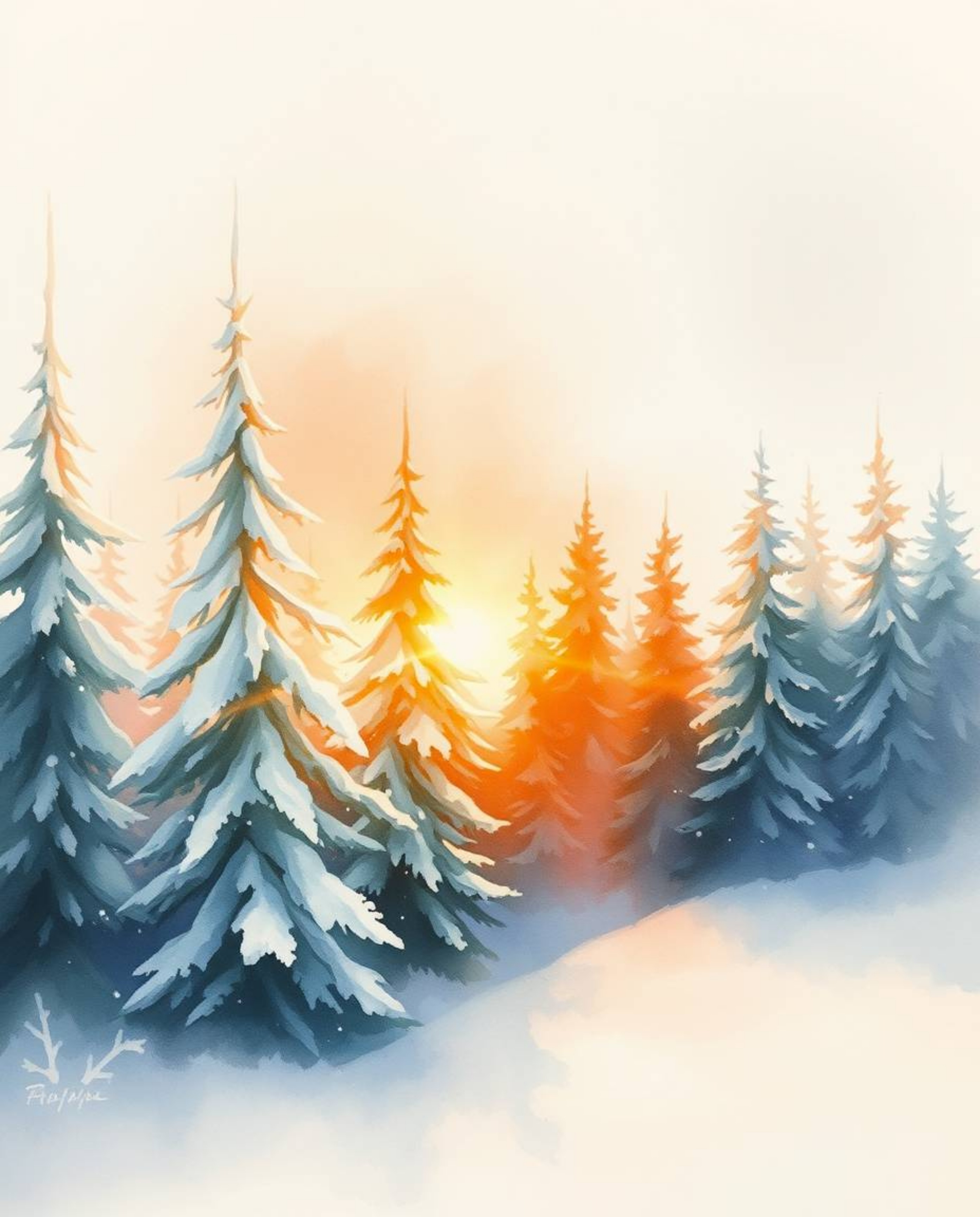 A delicate watercolor painting depicts sunset light sparkling on snowy pine trees, creating an ethereal and spiritual vibe. T