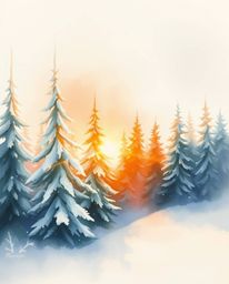 A delicate watercolor painting depicts sunset light sparkling on snowy pine trees, creating an ethereal and spiritual vibe. T