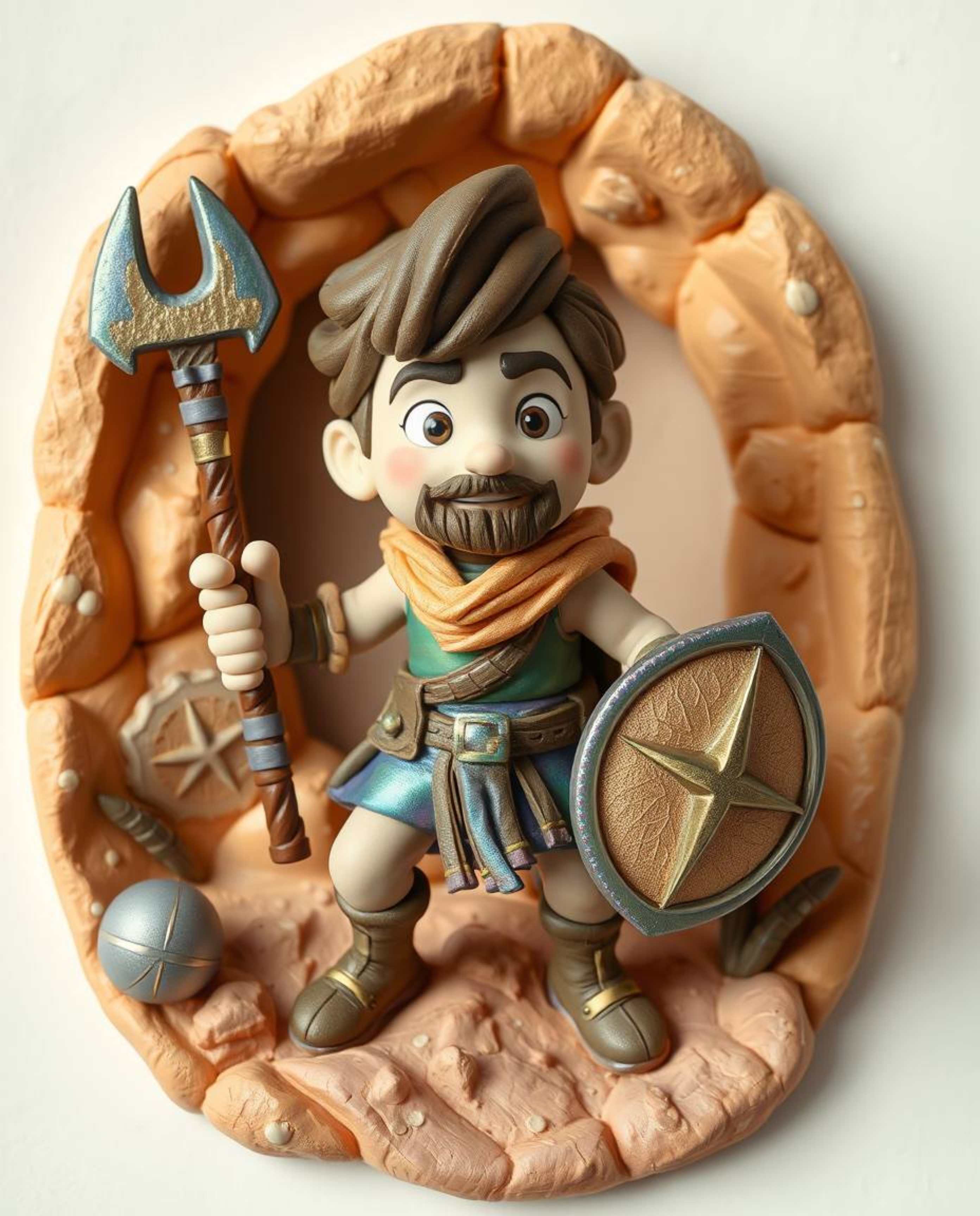 A captivating clay sculpture depicts a brave hero embarking on a Disney-style desert adventure. The artwork showcases irides