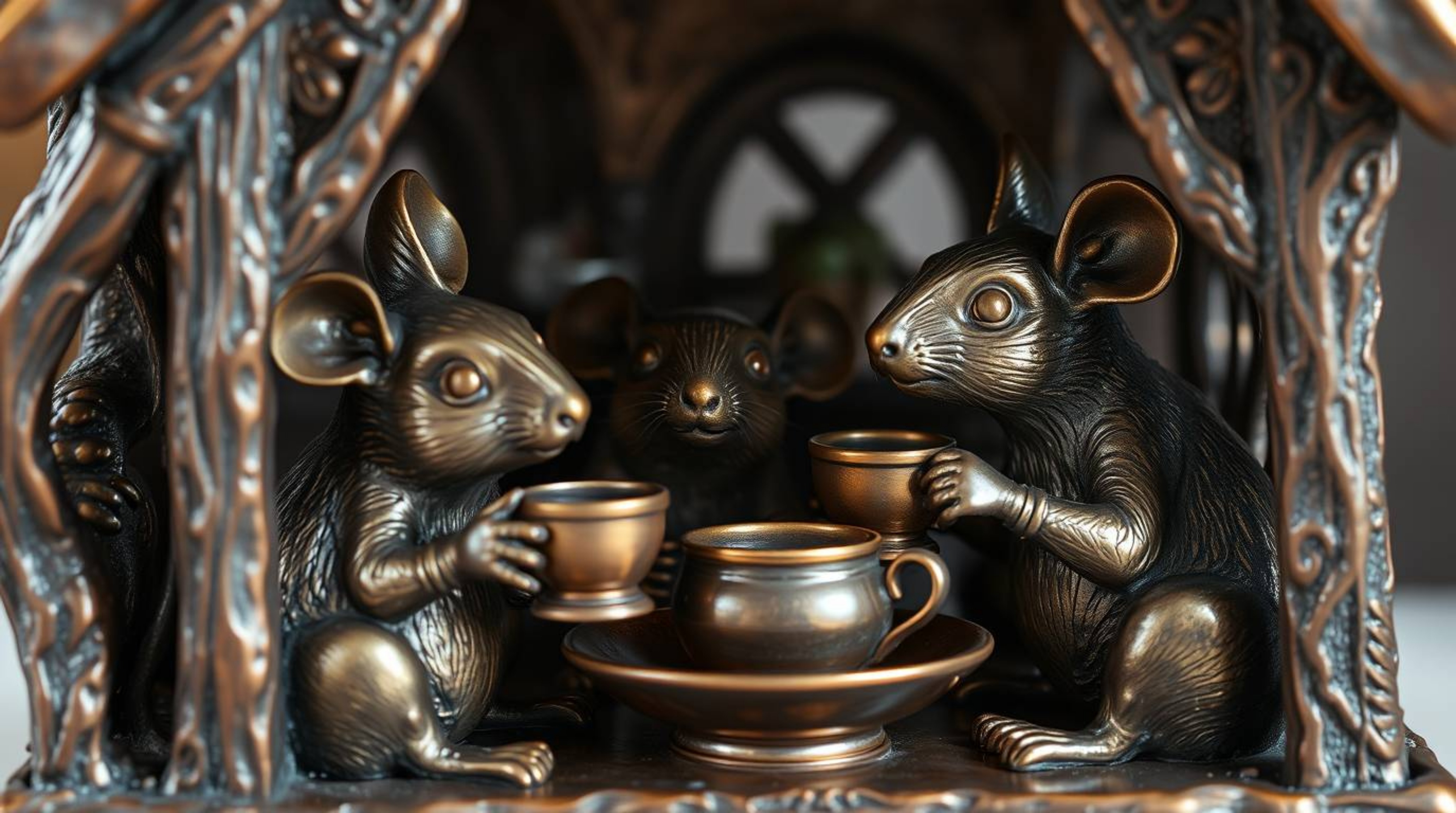 Discover a captivating bronze sculpture depicting anthropomorphic mice enjoying a tea party in a cozy cottage.  The mice feat