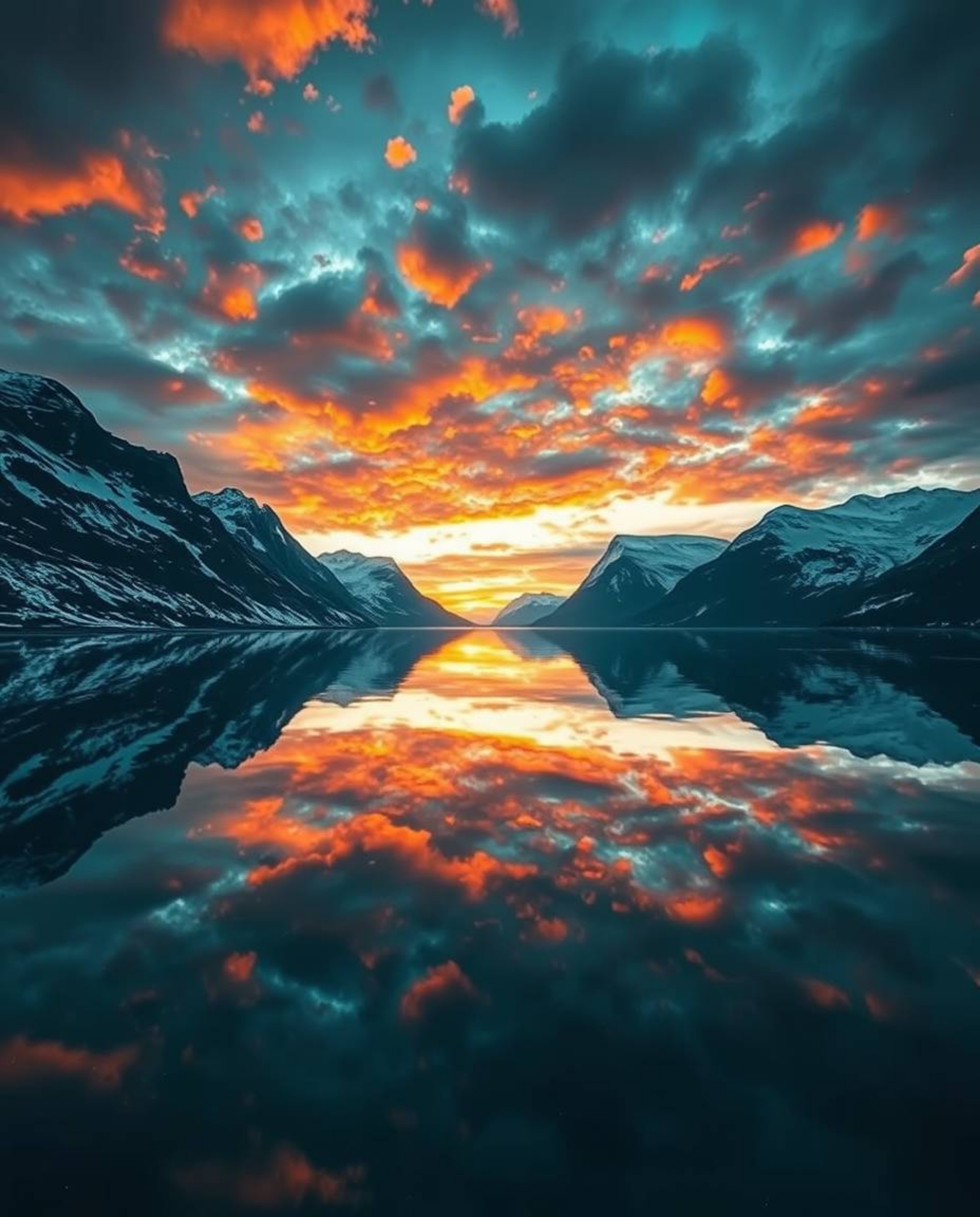 An epic scene depicts a glassy fjord reflecting a sunset on a massive scale. This artwork is characterized by its heroic elem