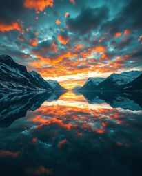 An epic scene depicts a glassy fjord reflecting a sunset on a massive scale. This artwork is characterized by its heroic elem