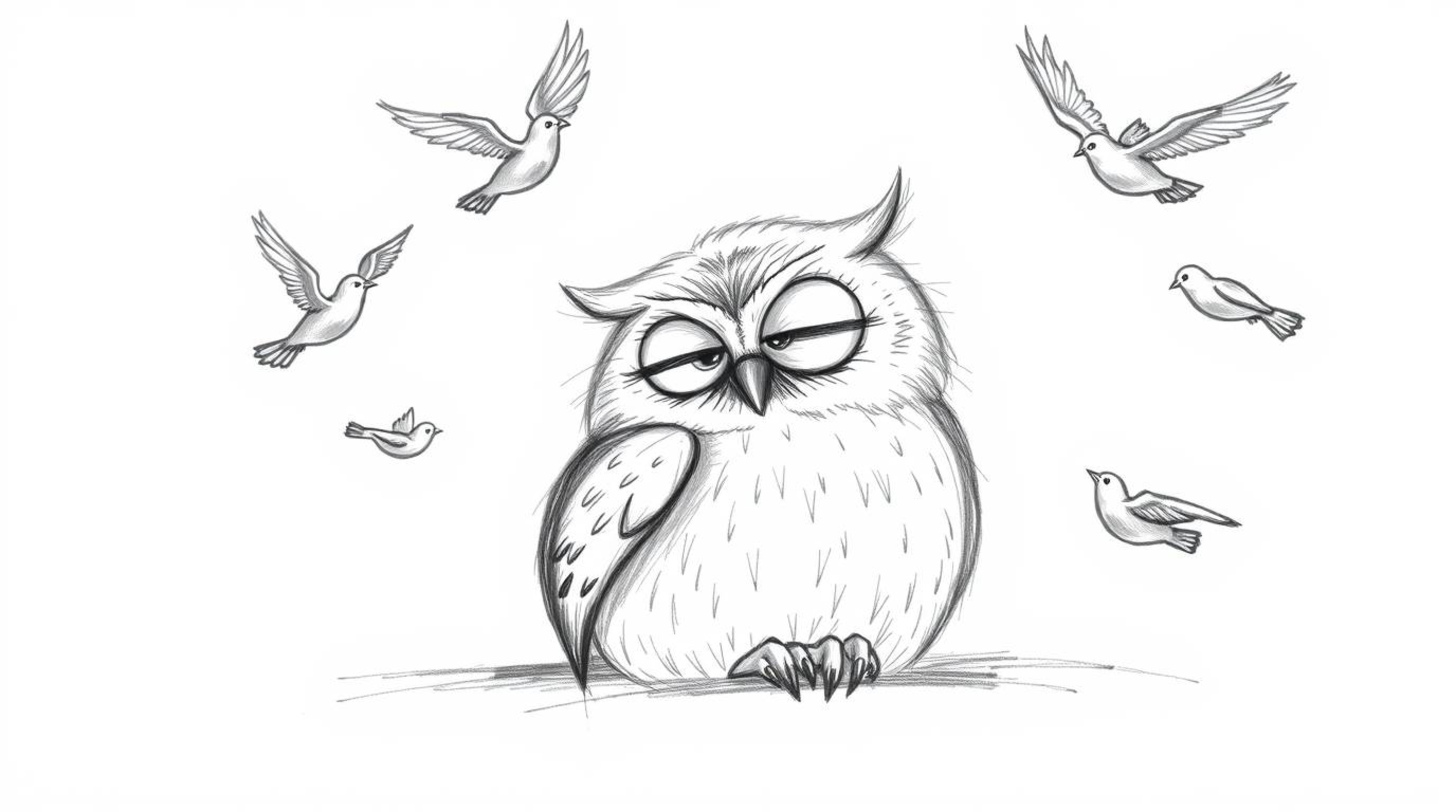 A heartwarming hand-drawn sketch in Pixar style depicts a blind, wise-looking owl peacefully resting as cheerful birds circle