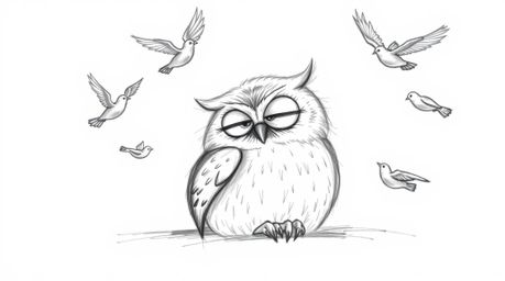 A heartwarming hand-drawn sketch in Pixar style depicts a blind, wise-looking owl peacefully resting as cheerful birds circle