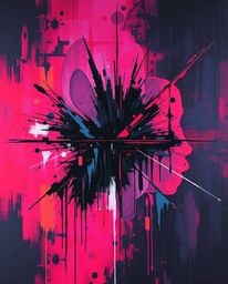 A bold acrylic painting evokes an eerie, creepy atmosphere.  Abstract shapes are distorted with glitch effects, fragmentation