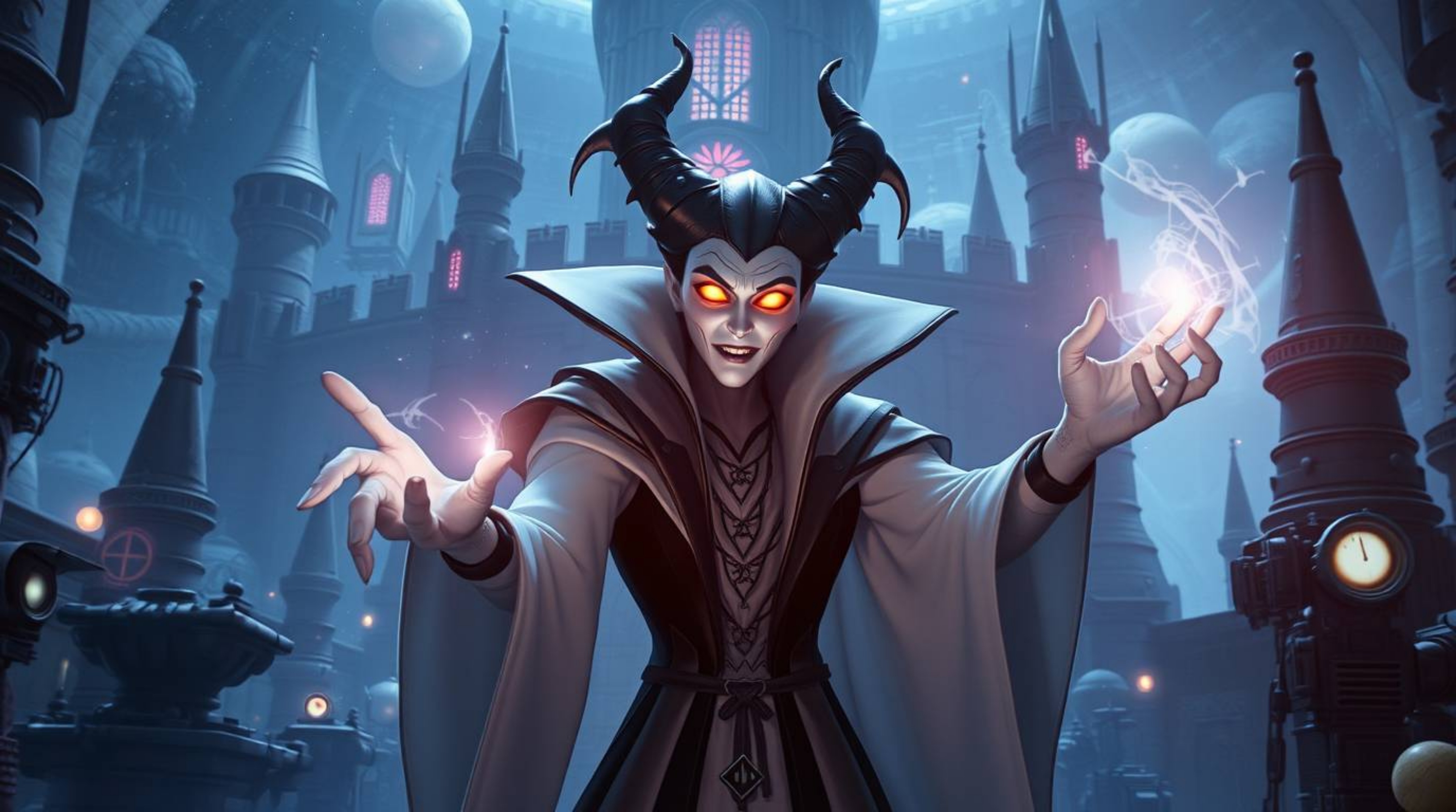 A classic Disney villain with glowing eyes and pale skin is depicted casting a spell in an old castle amidst advanced technol