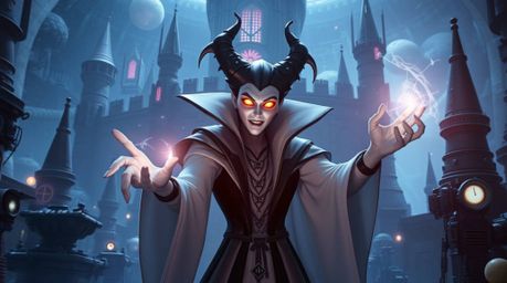 A classic Disney villain with glowing eyes and pale skin is depicted casting a spell in an old castle amidst advanced technol