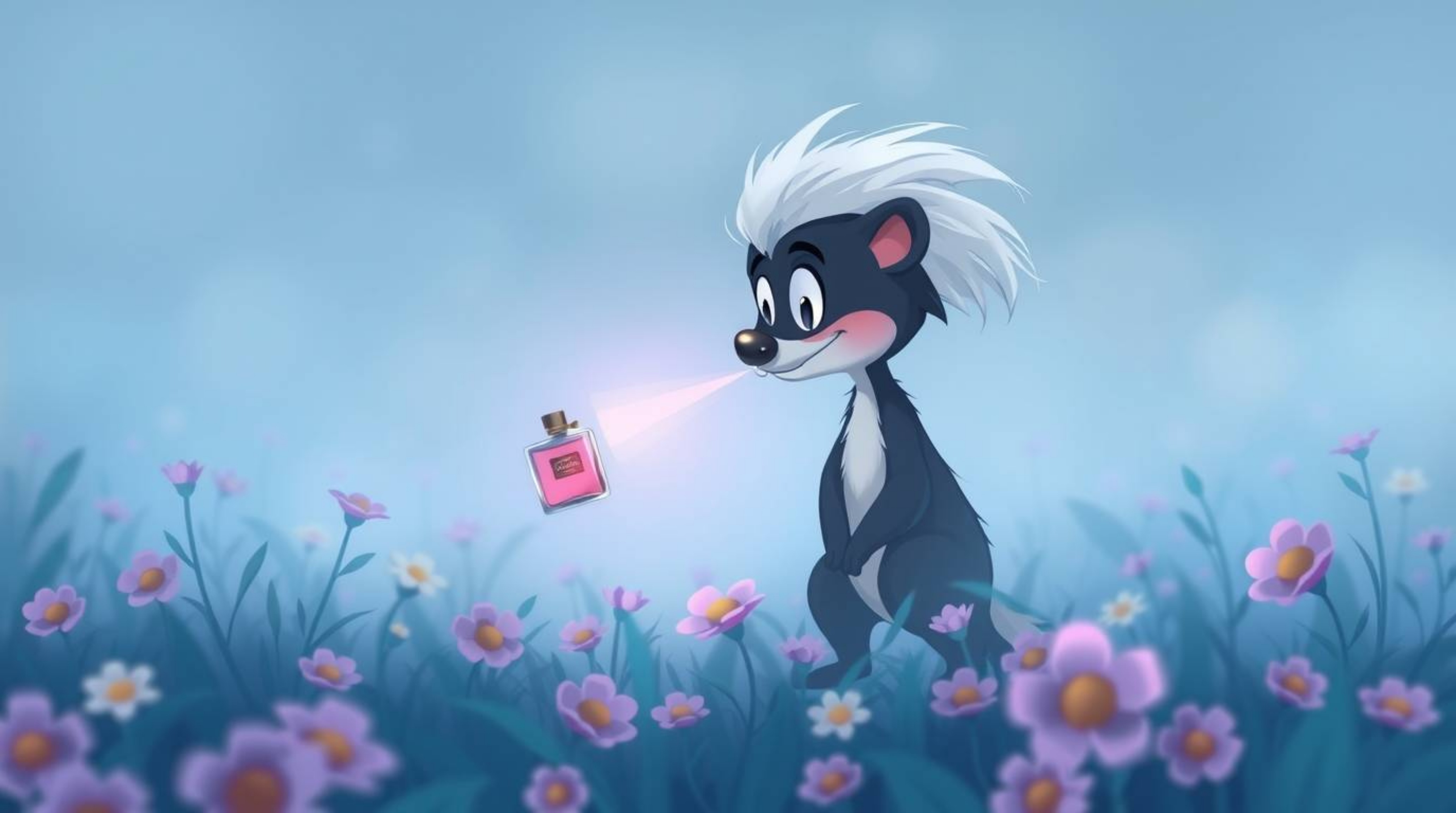 A whimsical cartoon scene depicts a skunk delicately spraying perfume onto flowers shrouded in a dense fog. Dominated by cool