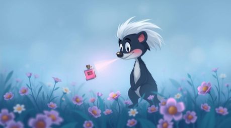A whimsical cartoon scene depicts a skunk delicately spraying perfume onto flowers shrouded in a dense fog. Dominated by cool
