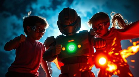 An extreme macro close-up depicting three superpowered children engaged in a dynamic battle against a formidable robot. Silho