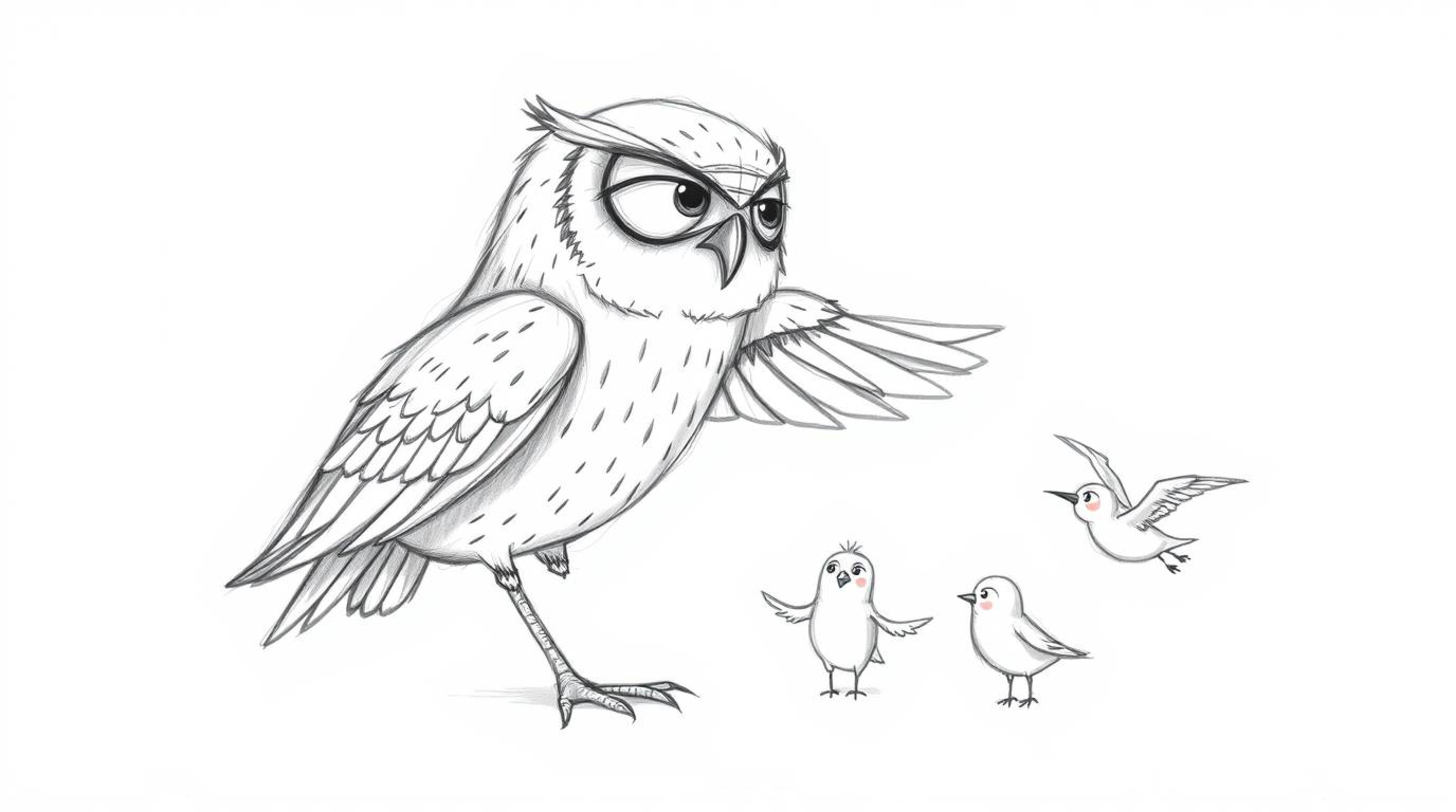 A heartwarming, hand-drawn sketch in the style of Pixar, depicting a blind owl with soft plumage and slightly weary eyes, tea