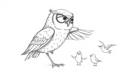 A heartwarming, hand-drawn sketch in the style of Pixar, depicting a blind owl with soft plumage and slightly weary eyes, tea