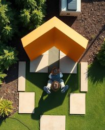 A captivating overhead bird's-eye view showcases a child's wondrous discovery of a flat, geometric portal in their own backya