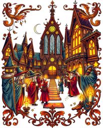 This traditional tattoo art print showcases a magical school teeming with young wizards, bathed in a warm golden light. The d