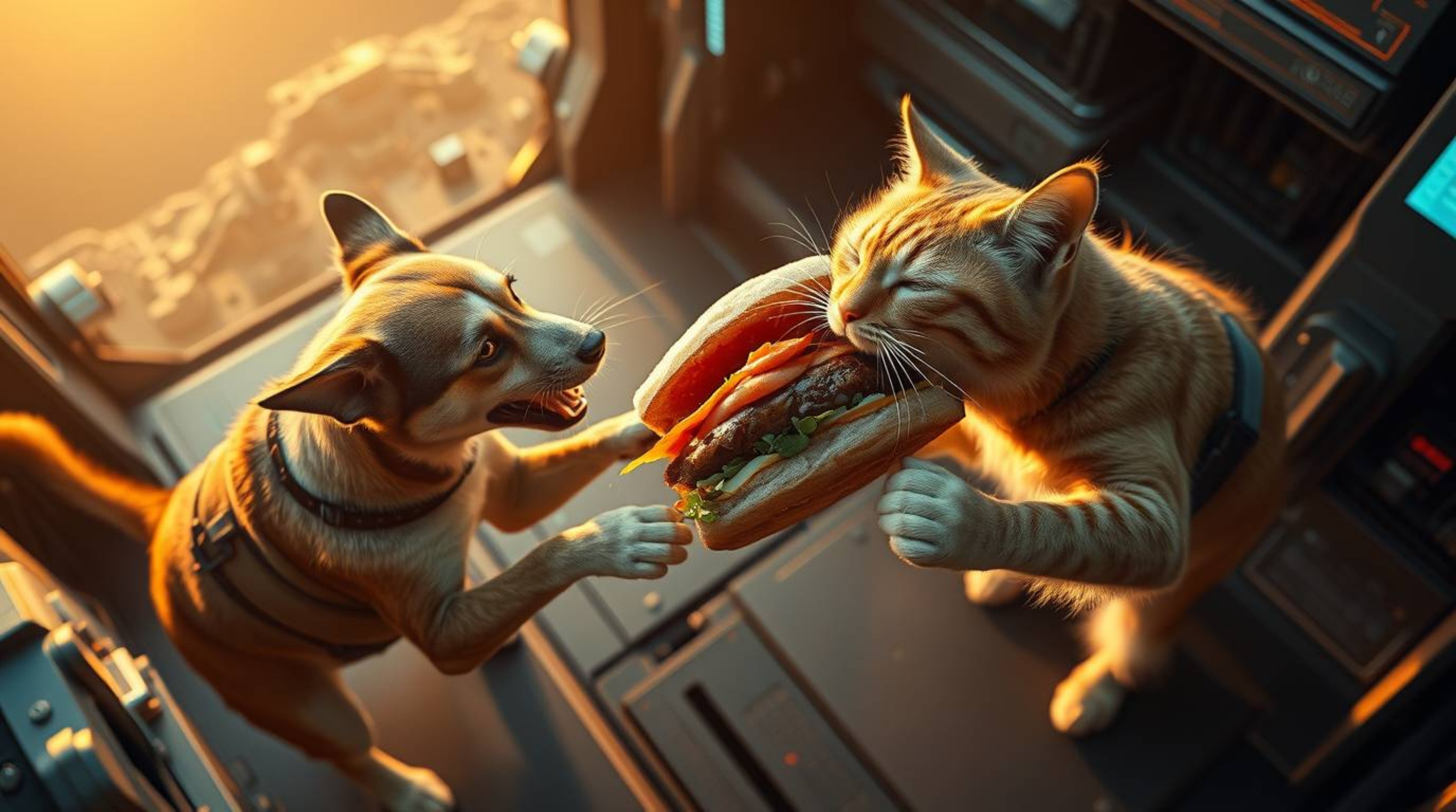 A captivating high-angle shot captures a humorous battle between a dog and a cat vying for a gigantic sandwich.  Set in a fut