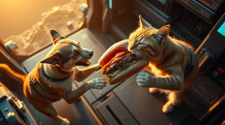 A captivating high-angle shot captures a humorous battle between a dog and a cat vying for a gigantic sandwich.  Set in a fut
