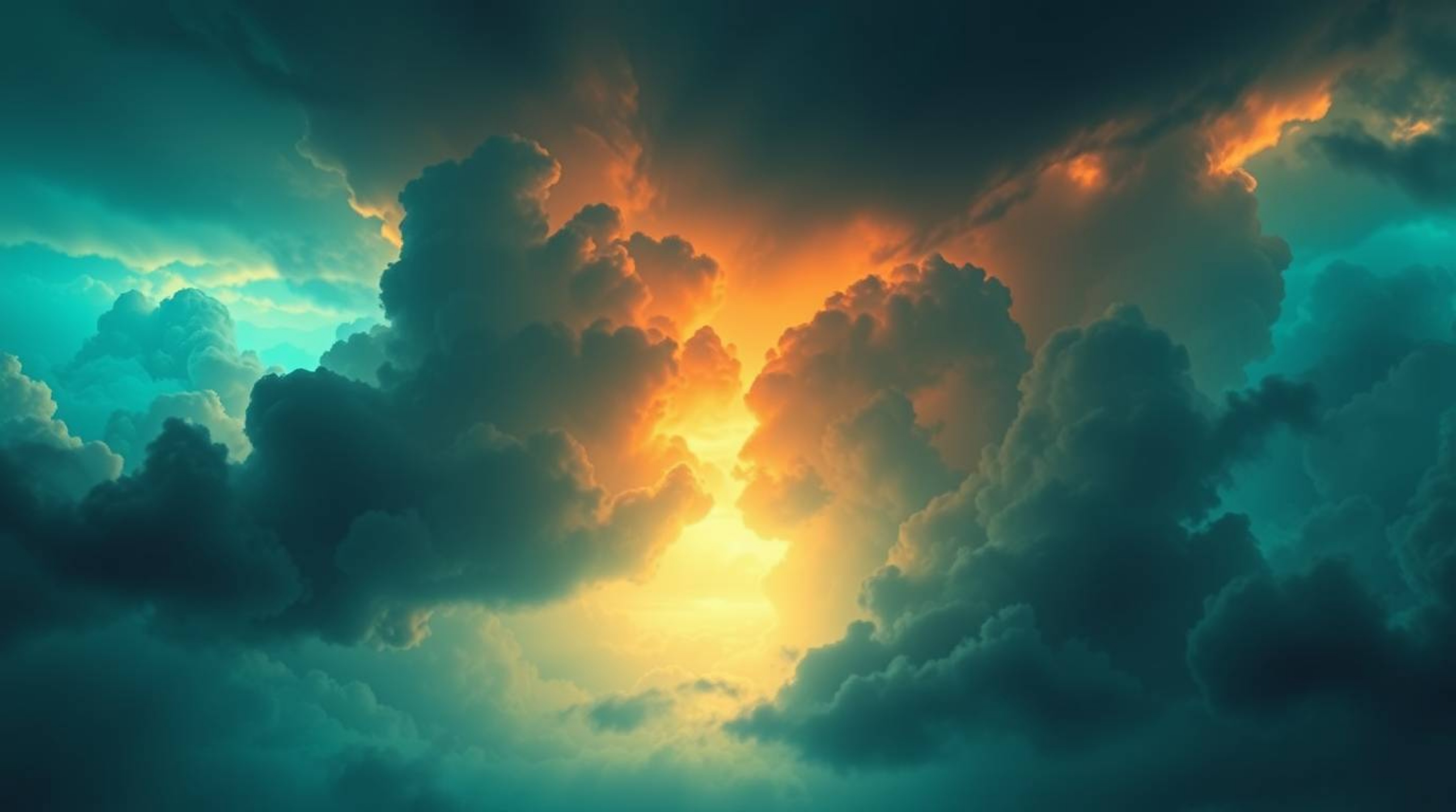 A captivating digital painting showcases ethereal thunderstorm clouds bathed in the warm glow of a sunset.  The rich, deep te