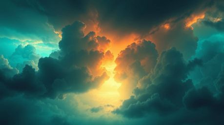 A captivating digital painting showcases ethereal thunderstorm clouds bathed in the warm glow of a sunset.  The rich, deep te