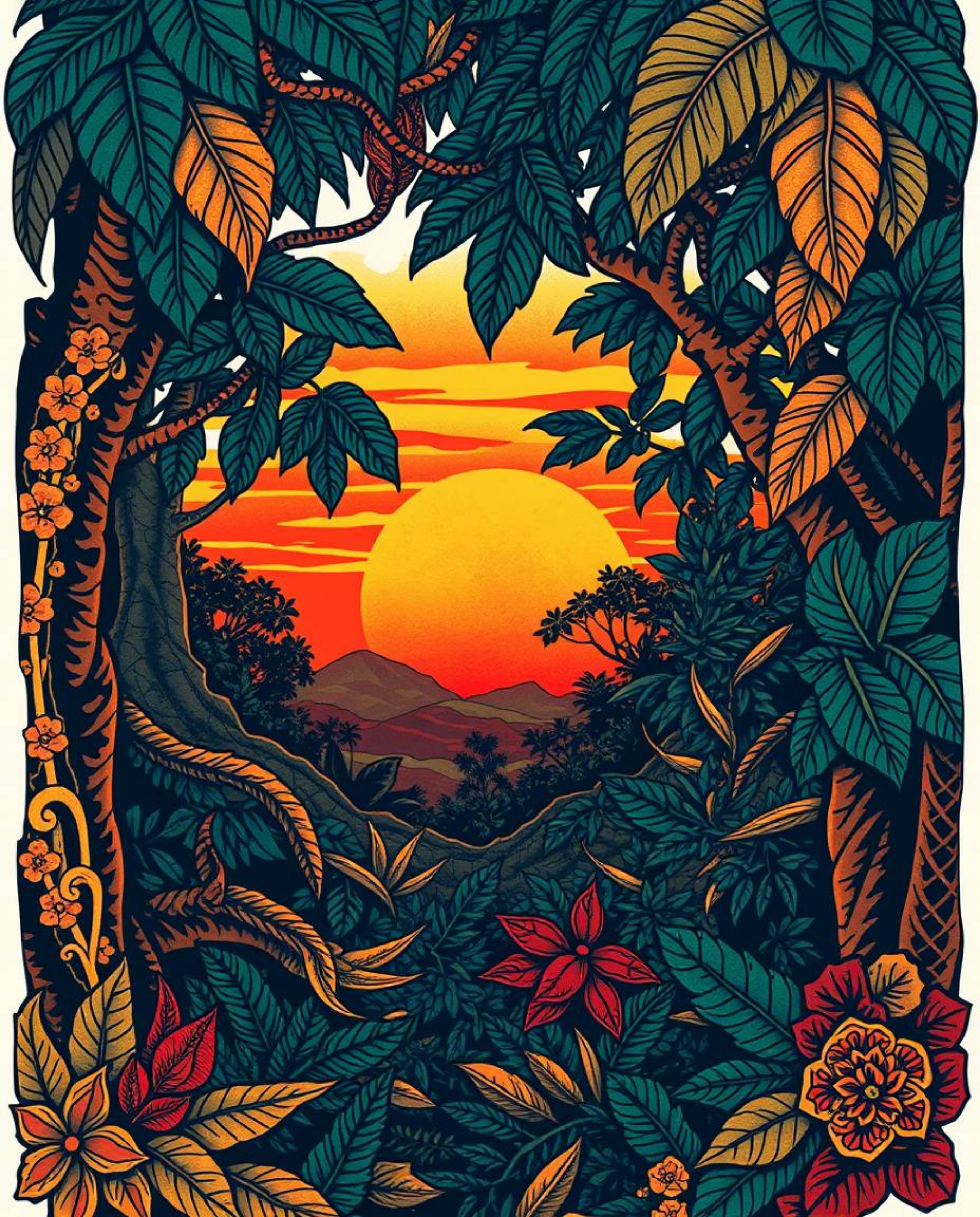 This is a symbolic traditional tattoo art print depicting a sunset seen through a dense jungle canopy. The artwork has a dist