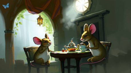 A digital sketch depicting anthropomorphic mice enjoying a tea party in a cozy cottage.  The artwork features loose painterly