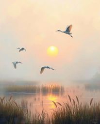 A pastel-colored painting capturing the golden hour light in a wetlands scene with herons flying. This artwork exudes a gentl