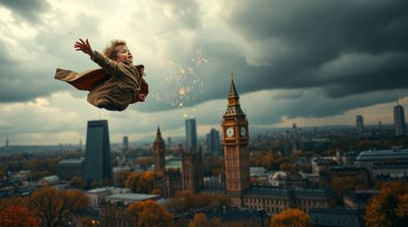 Capture the magic of a young boy soaring above London, propelled by pixie dust amidst warm autumn colors and intense, dramati