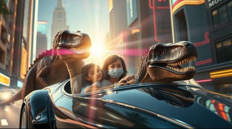 A prehistoric family with realistic facial features and warm skin tones enjoys a thrilling ride in a sleek, chrome dinosaur c