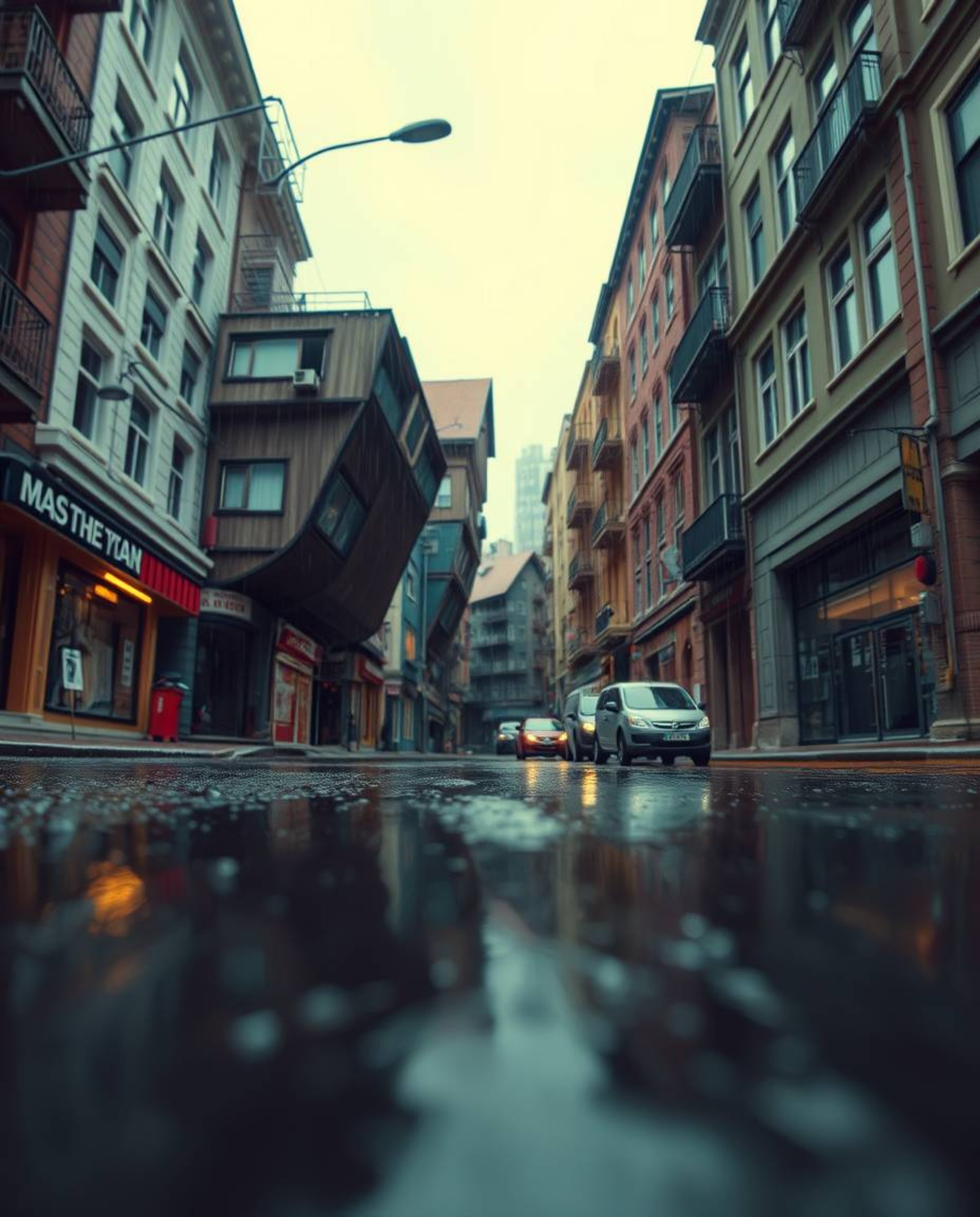 Explore a captivating surreal street scene where buildings fold and twist in a dreamlike state.  This extreme macro close-up 