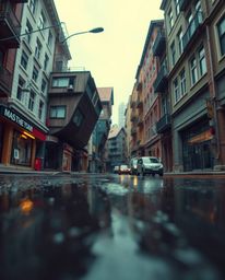Explore a captivating surreal street scene where buildings fold and twist in a dreamlike state.  This extreme macro close-up 