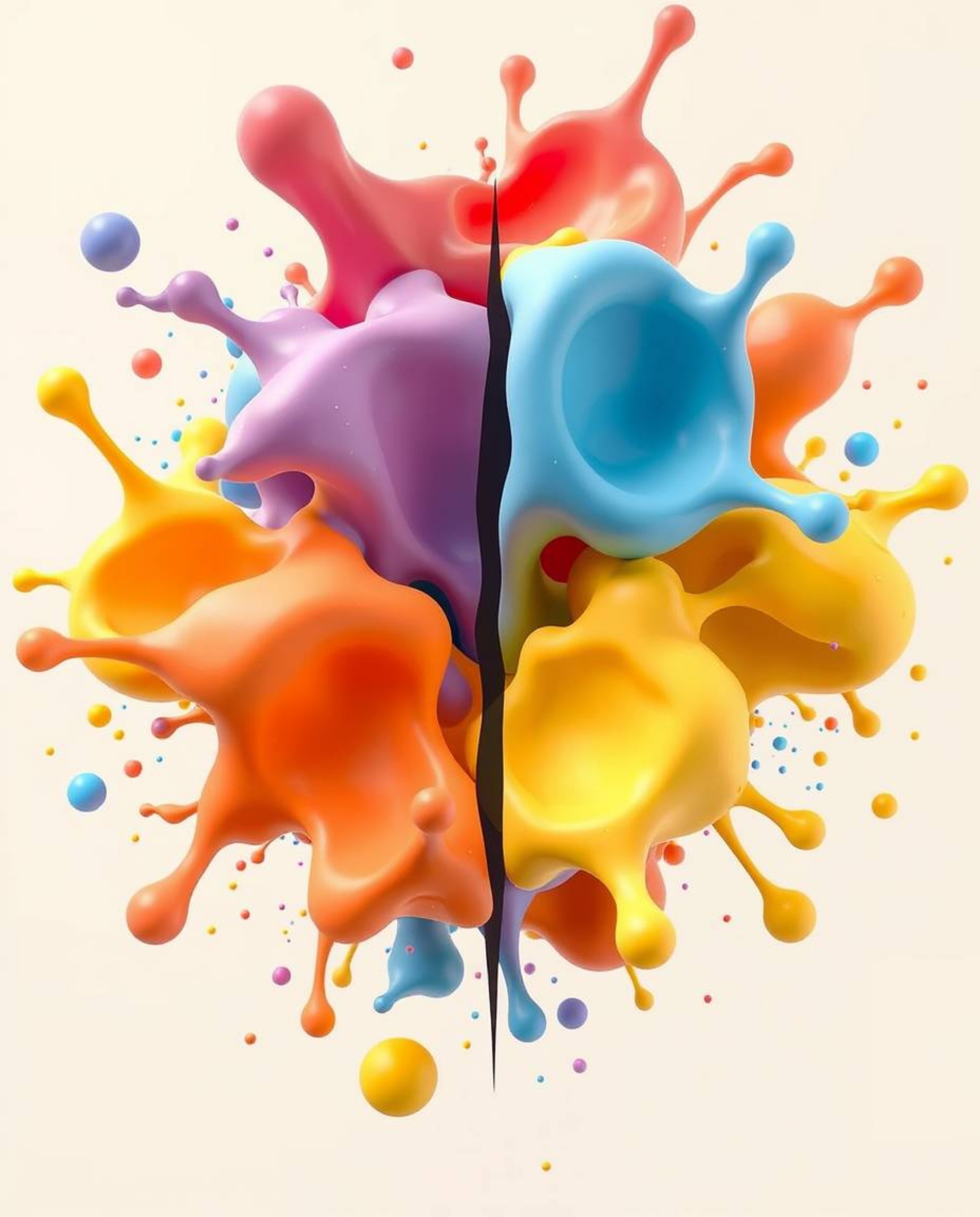 Discover stunning abstract 3D digital art featuring vibrant, colorful splash shapes floating in space.  This surreal artwork 