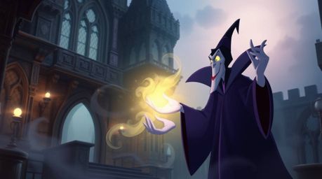 A classic Disney villain is depicted casting a spell within the aged walls of an old castle. The scene emanates an ethereal a