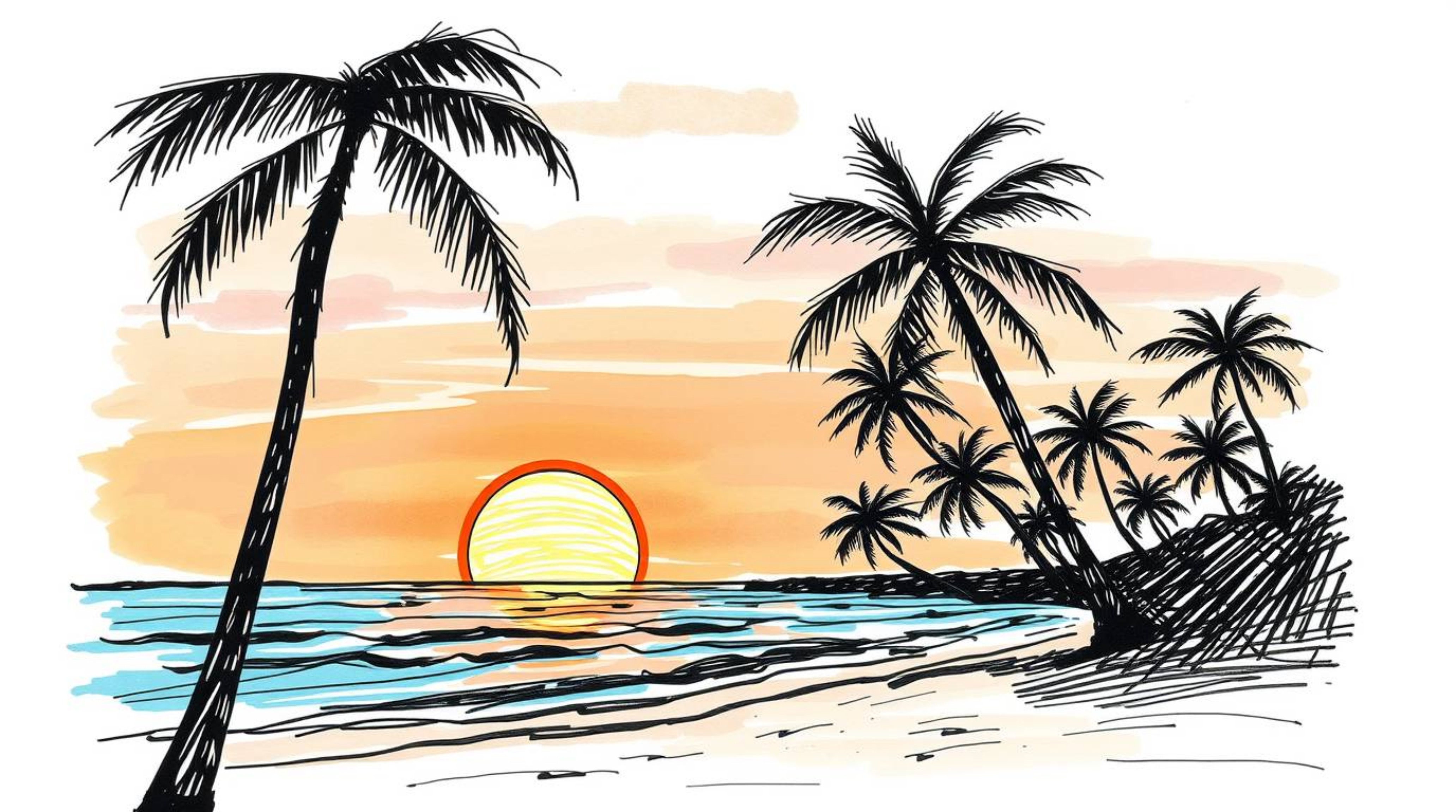 This captivating artwork depicts a tropical beach at sunset, featuring swaying palm trees rendered in a hand-drawn sketch sty