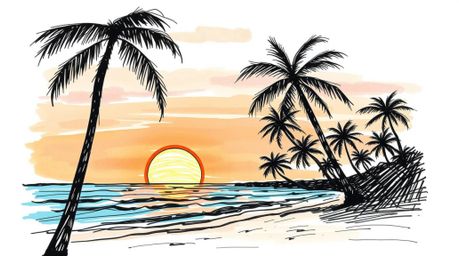This captivating artwork depicts a tropical beach at sunset, featuring swaying palm trees rendered in a hand-drawn sketch sty