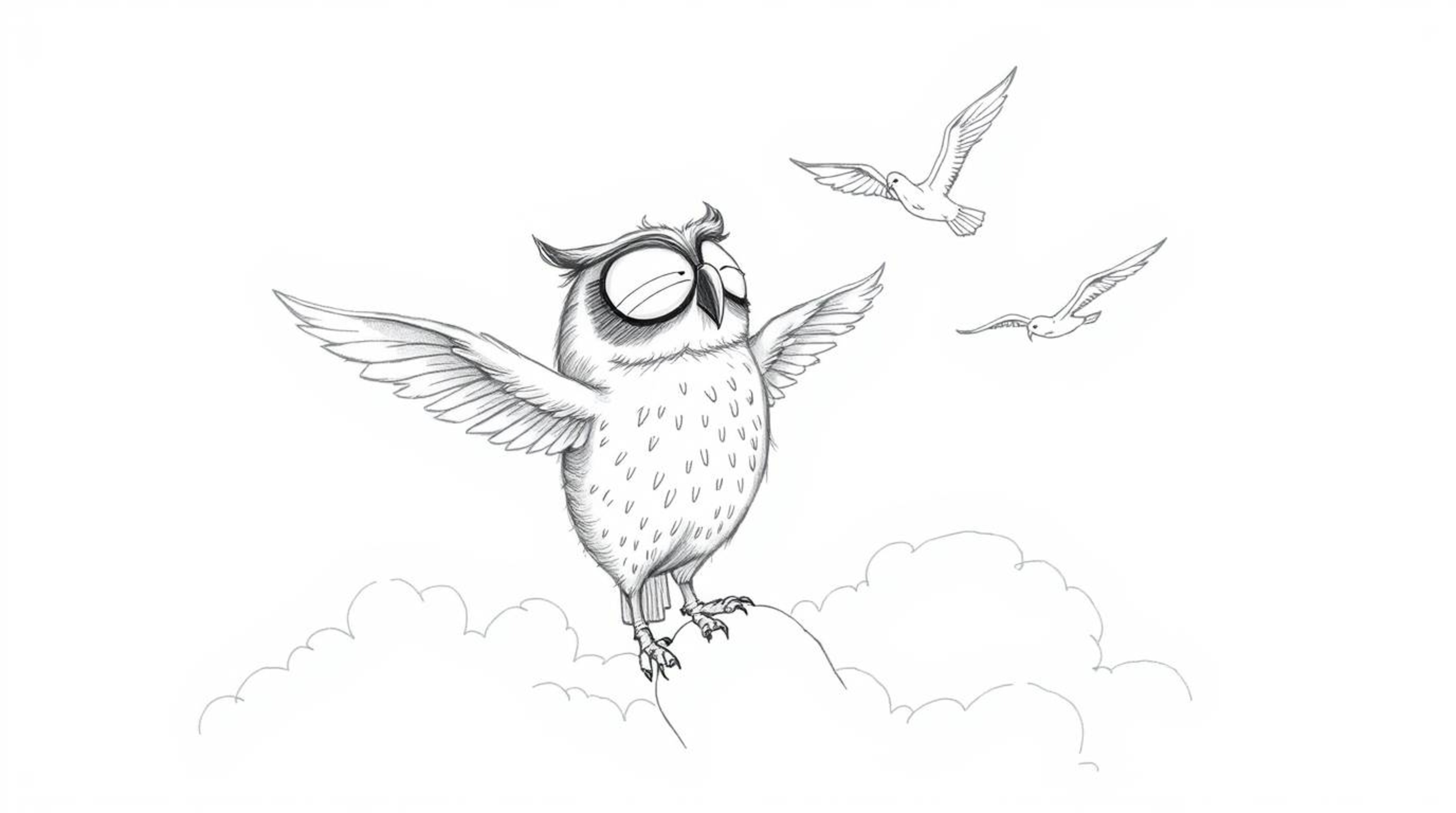 A heartwarming Pixar-style hand-drawn sketch depicts a blind owl with a proud expression, diligently teaching birds to fly hi