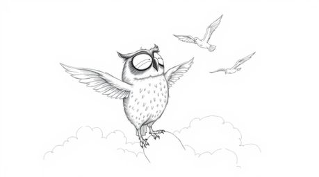 A heartwarming Pixar-style hand-drawn sketch depicts a blind owl with a proud expression, diligently teaching birds to fly hi