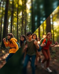 Explore a captivating visual journey with blurred bokeh effects and a distinct split composition. Witness a group of friends,