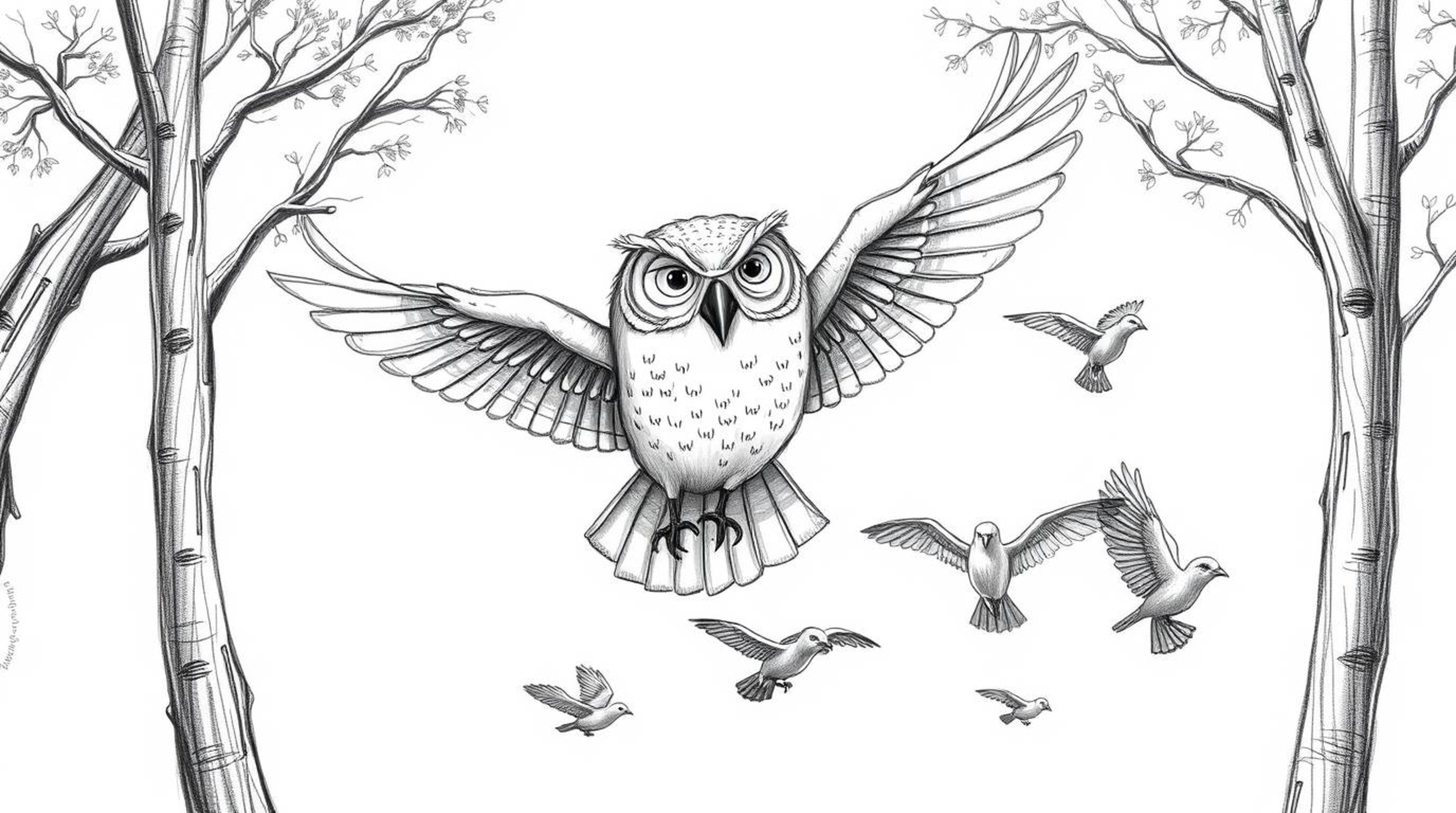 A heartwarming hand-drawn sketch depicts a blind, elderly owl with wrinkled features, gracefully teaching a diverse flock of 