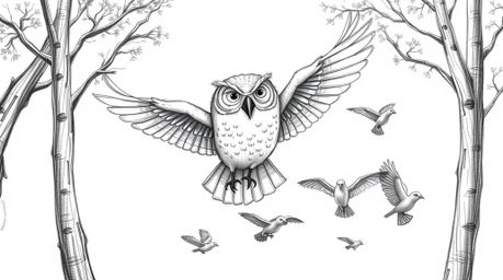A heartwarming hand-drawn sketch depicts a blind, elderly owl with wrinkled features, gracefully teaching a diverse flock of 