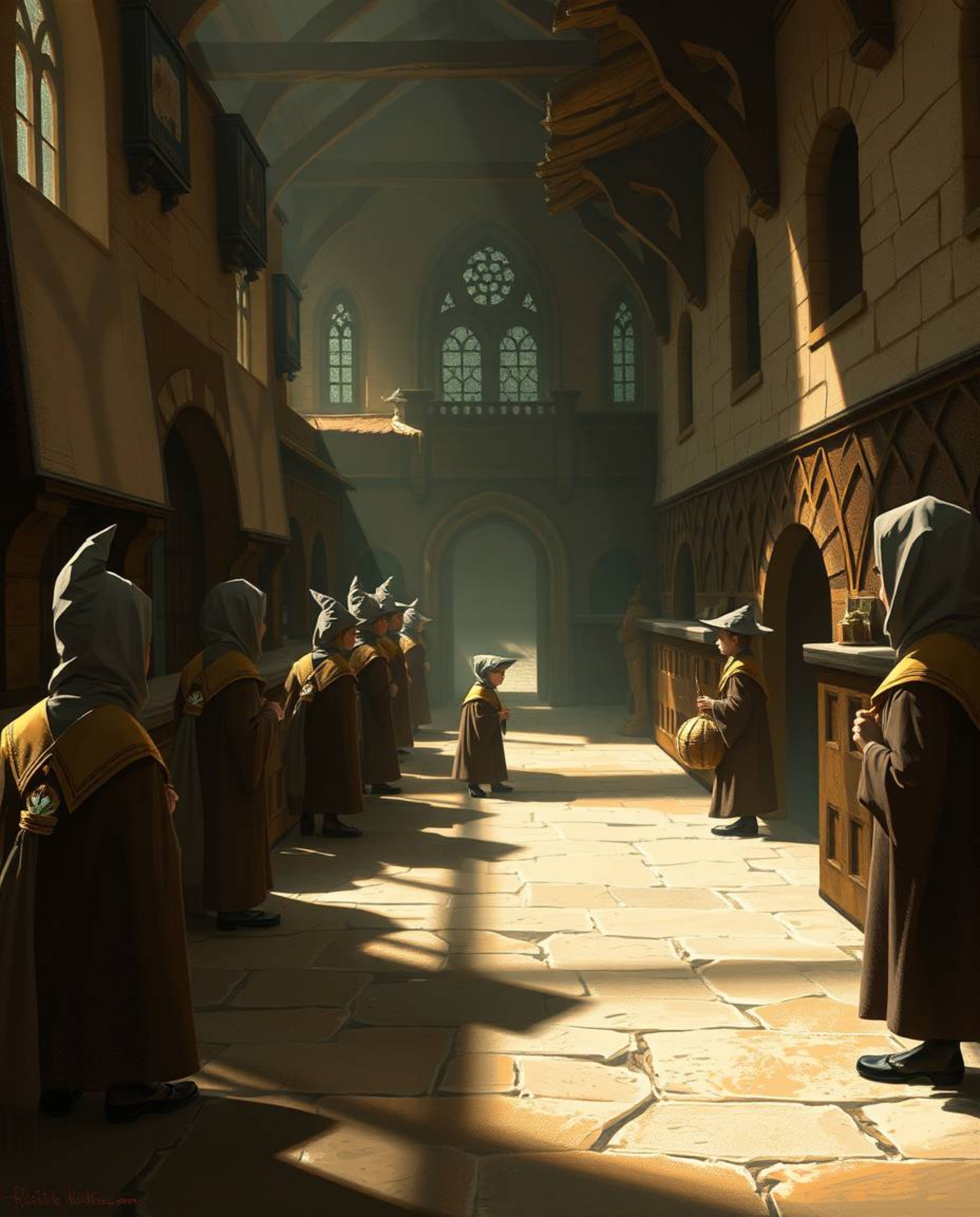 A captivating digital painting depicts a magical school brimming with young wizards. Rendered in natural earth tones, the art