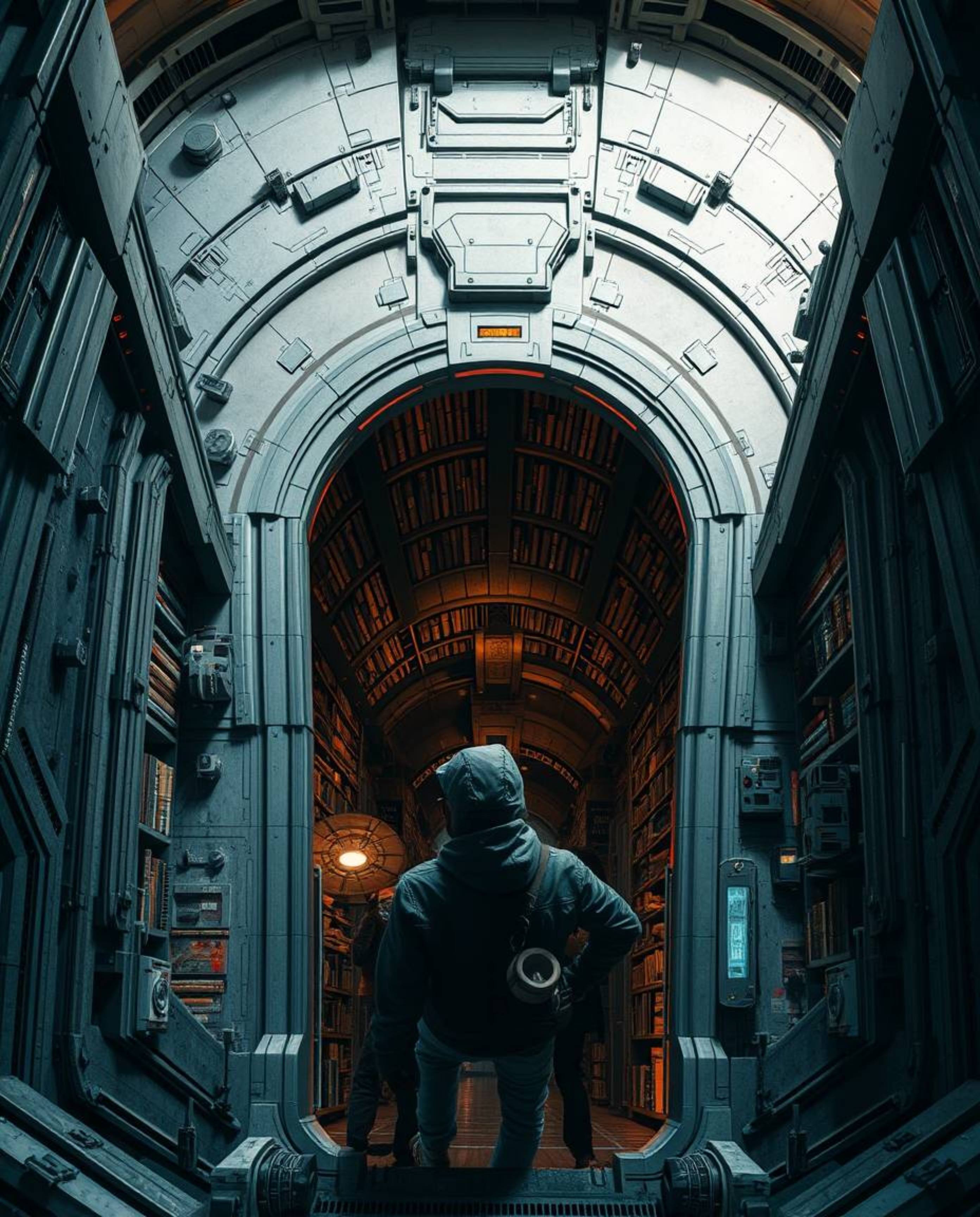 Embark on a visual journey into a futuristic, sci-fi world with this bird's eye view perspective of a person discovering a hi