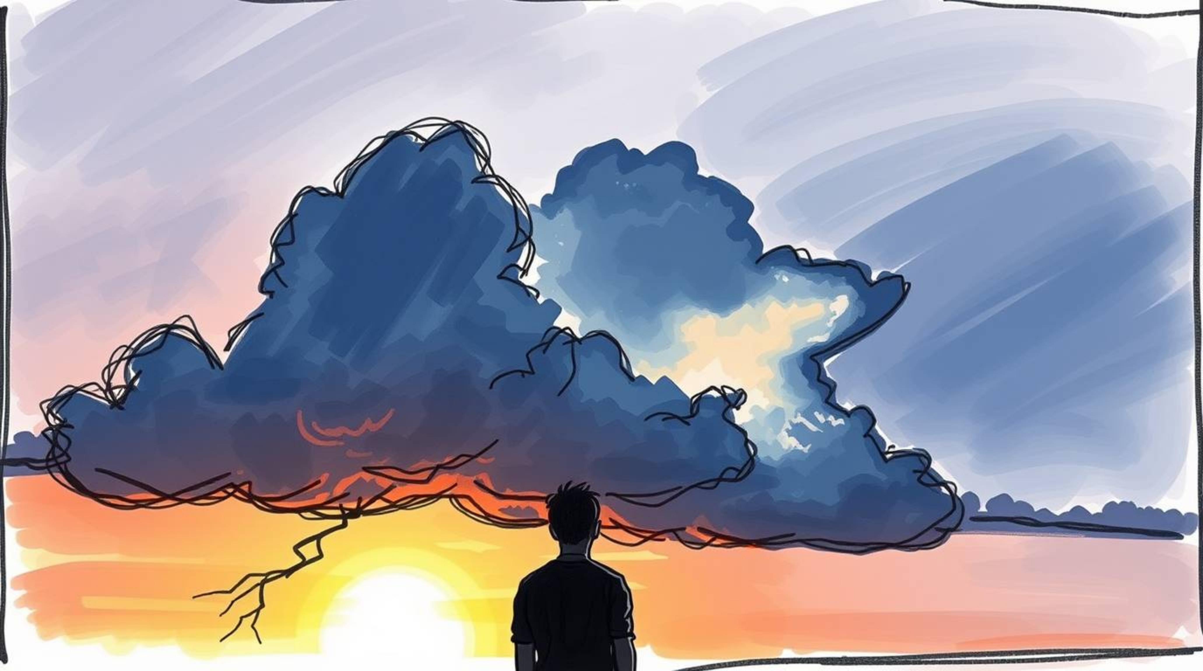 A captivating hand-drawn sketch in a color sketchnote style depicts silhouetted figures against a dramatic backdrop of thunde