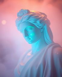 Experience the ethereal beauty of a classical sculpture transformed by a captivating glitch effect. Iridescent colors softly 